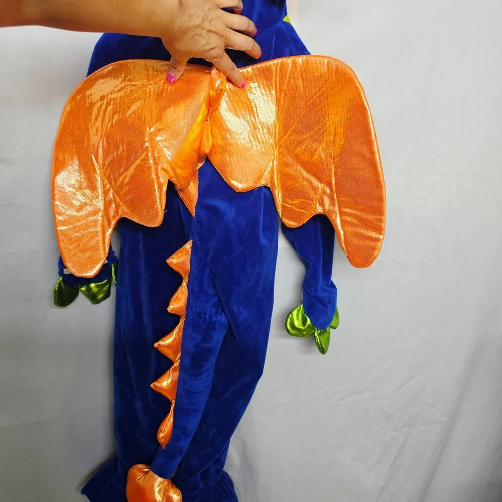 Spooked Dragon Costume Kids 4T Blue Orange Wings Plush Jumpsuit READ FLAW